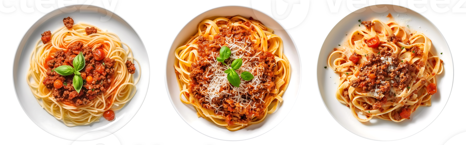 Pasta spaghetti bolognese on white bowl, top view with transparent background, Technology png