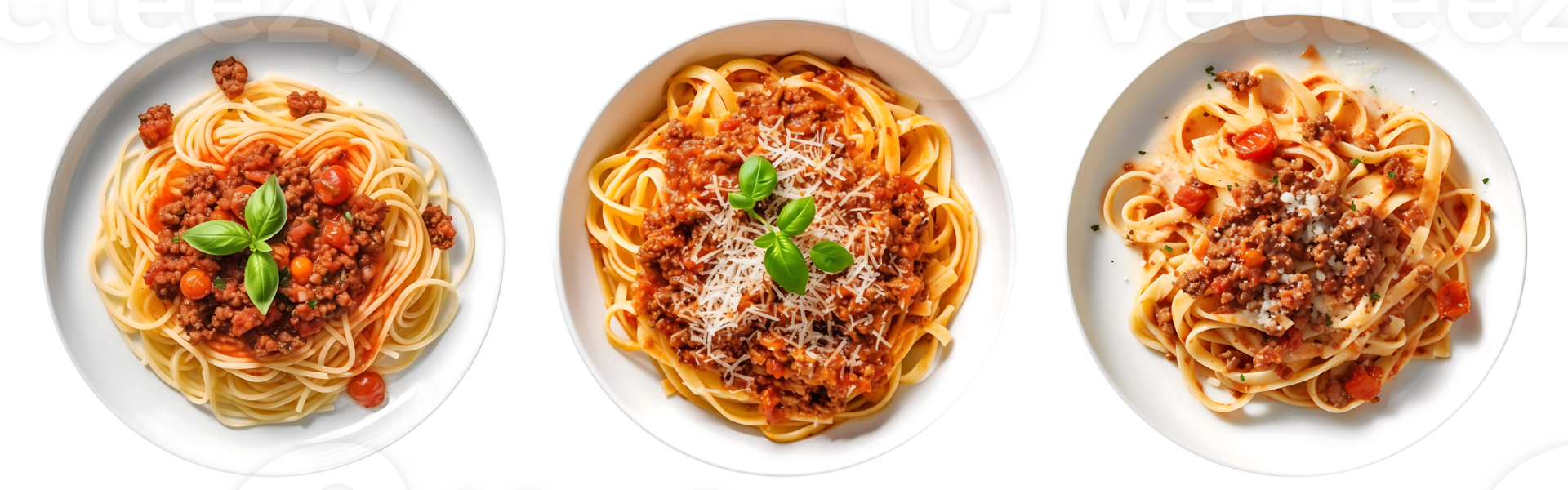 Pasta spaghetti bolognese on white bowl, top view with transparent background, Technology png