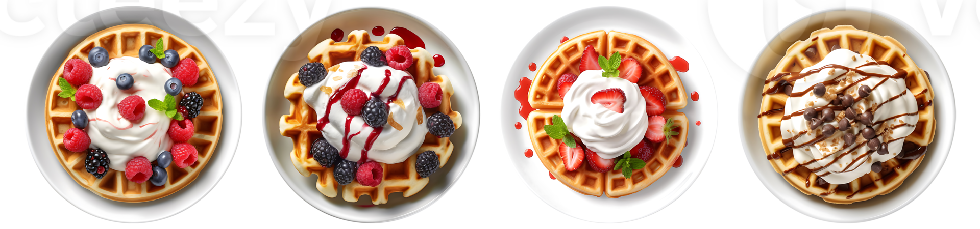Waffles with strawberry, chocolate chip and berries topping on white plate, top view with transparent background, Technology png