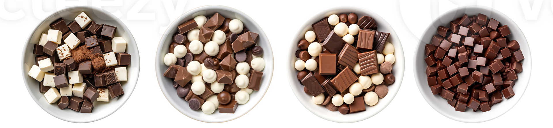 Chocolate on white bowl, top view with transparent background, Technology png