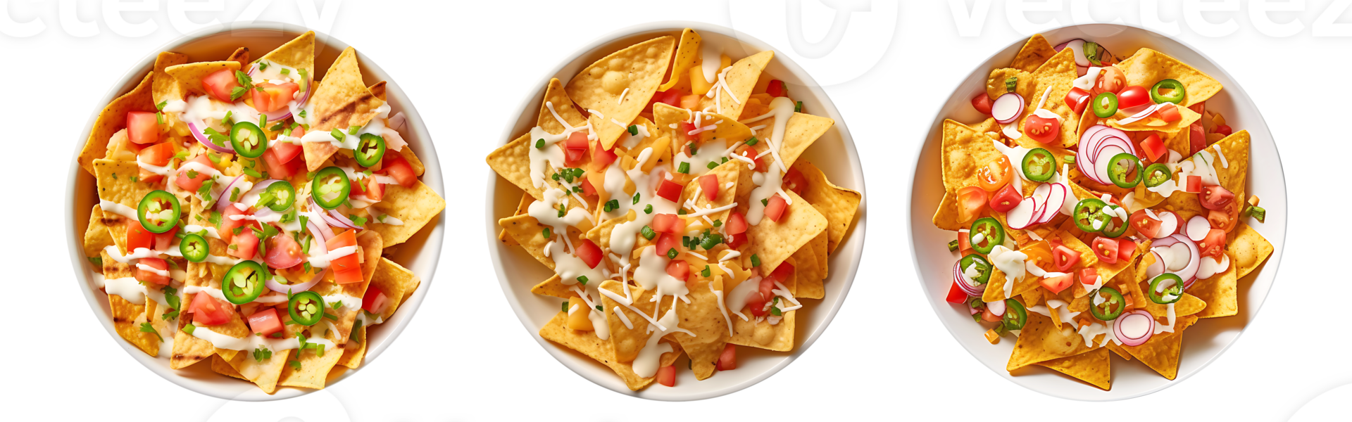 Corn chips nachos on white bowl, top view with transparent background, Technology png