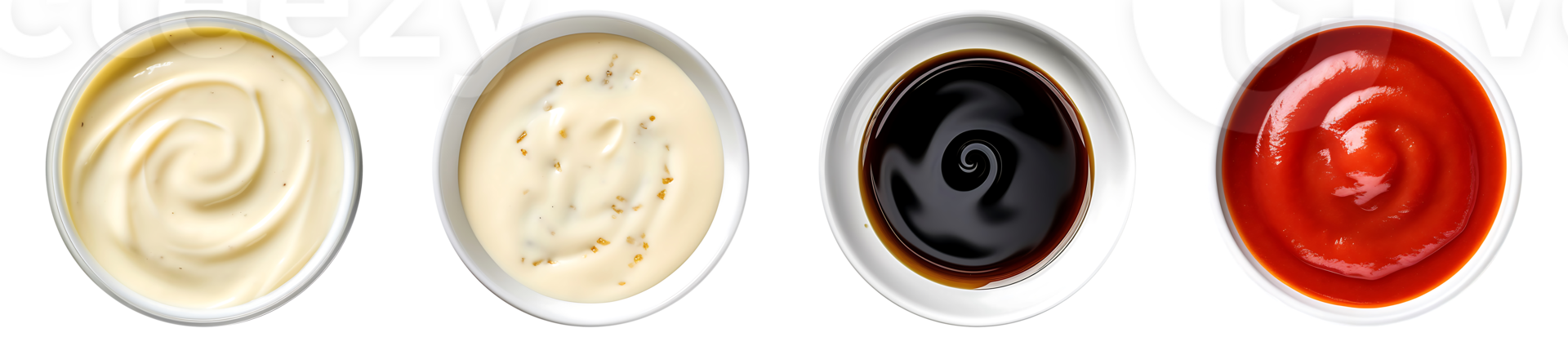 Mayonaise, Bechamel, Soy sauce, ketchup on white bowl, top view with transparent background, Technology png
