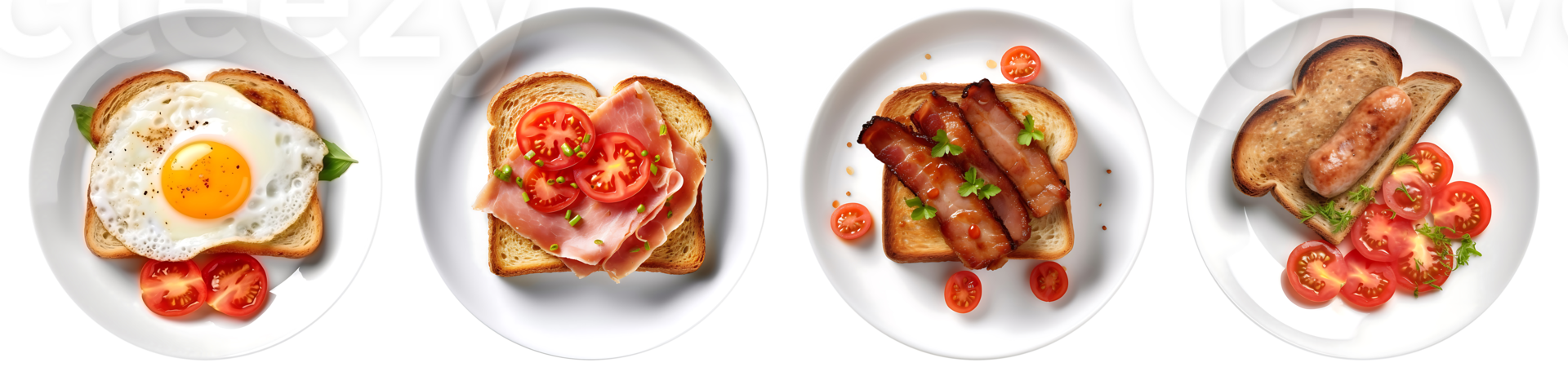 Toast bread with pork belly, egg, ham, sausage on white plate, top view with transparent background, Technology png