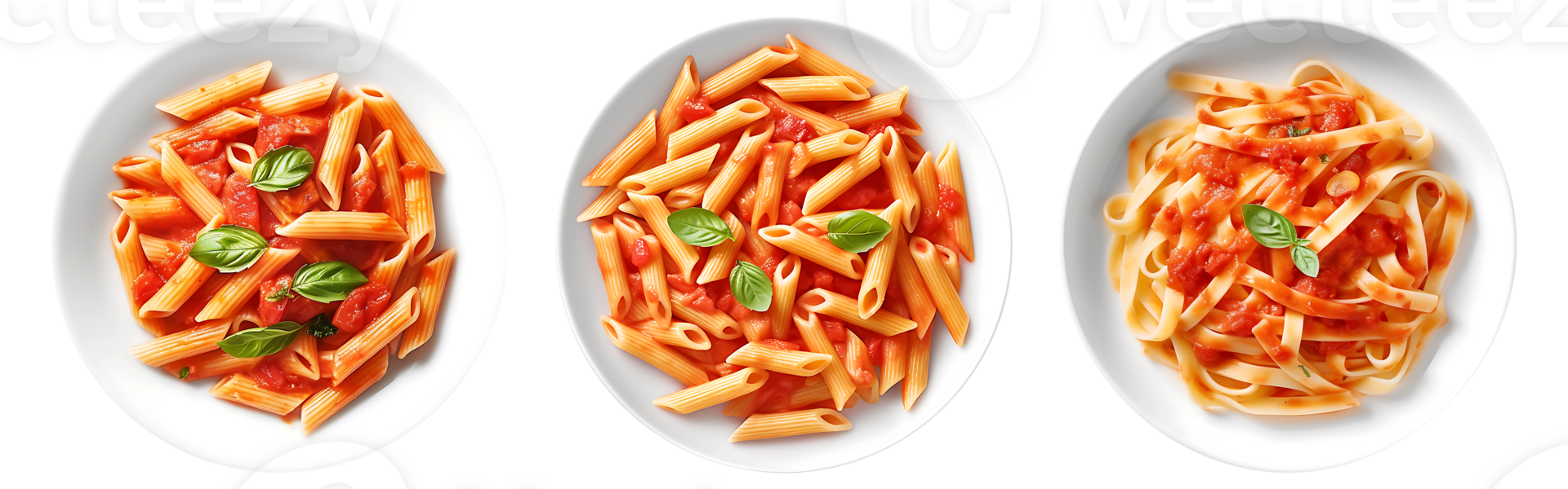 Penne pasta in tomato sauce on white bowl, top view with transparent background, Technology png