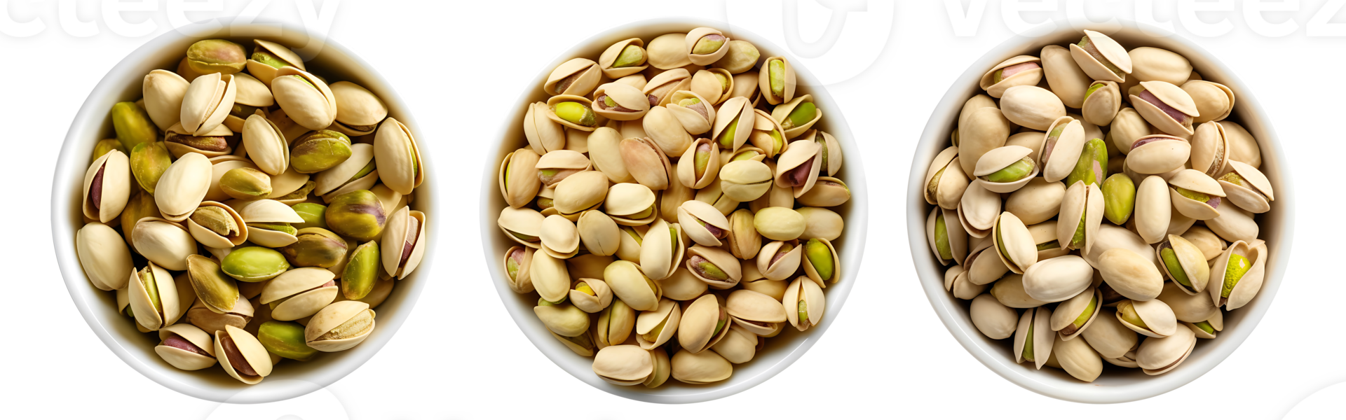 Pistachios on white bowl, aerial view with transparent background, Technology png