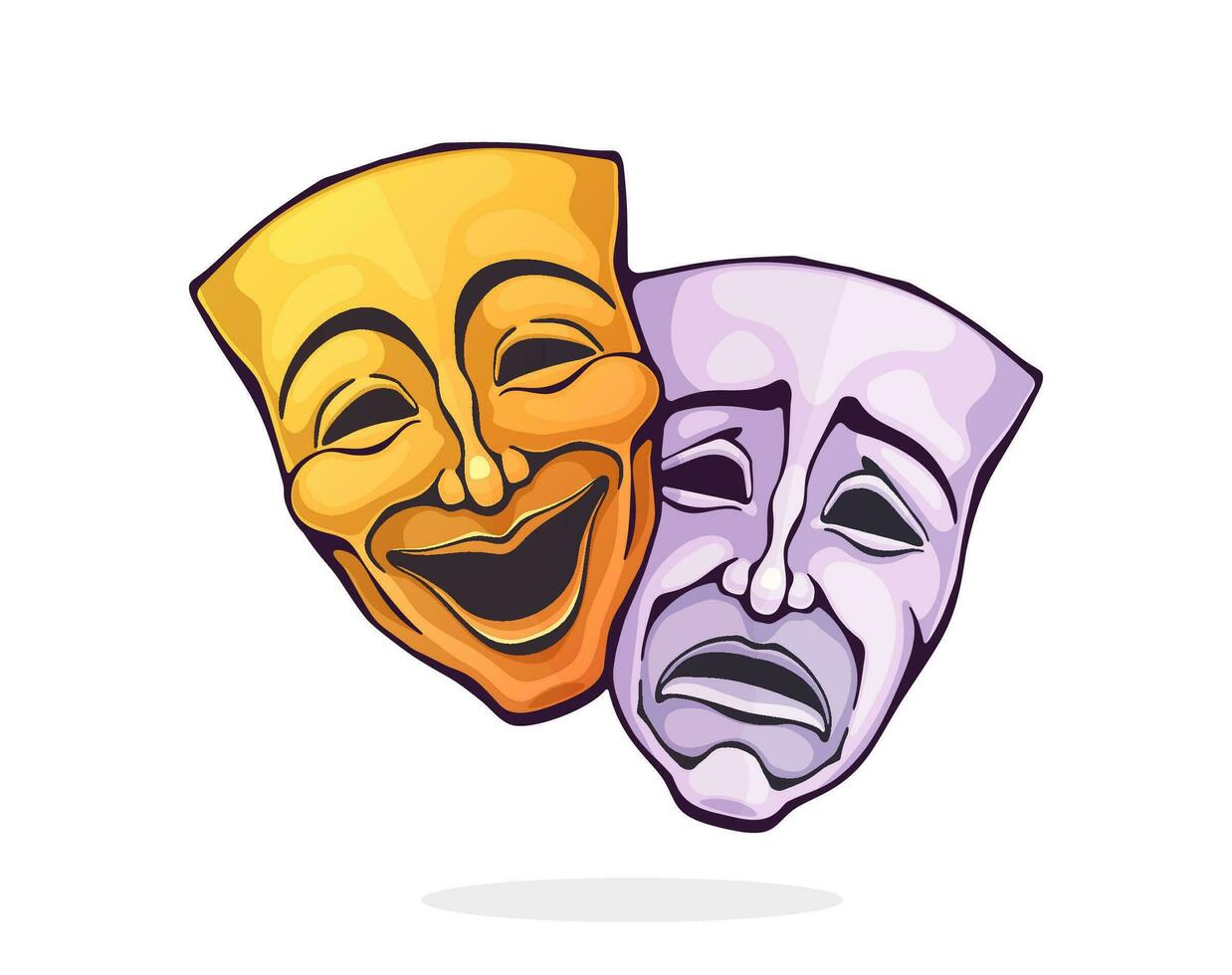 dos teatral comedia y drama mascarilla. bipolar trastorno símbolo. positivo y negativo emoción. película y teatro industria. dibujos animados vector ilustración con describir. clipart aislado en blanco antecedentes