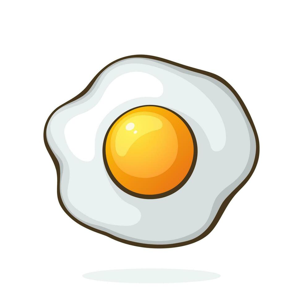 Cartoon illustration. One fried egg. Symbol of healthy food for breakfast. Graphic design with contour. Clip-art print for menu and showcase. Isolated on white background vector