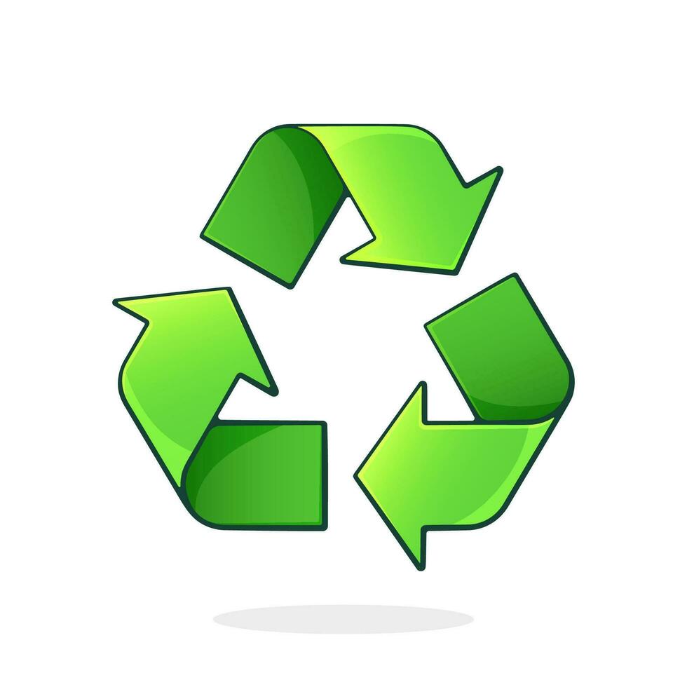 Green recycling symbol. Worldwide attention sign to environmental issues. Triangular eco friendly sign of reused. Cartoon vector illustration with outline. Clip art Isolated on white background