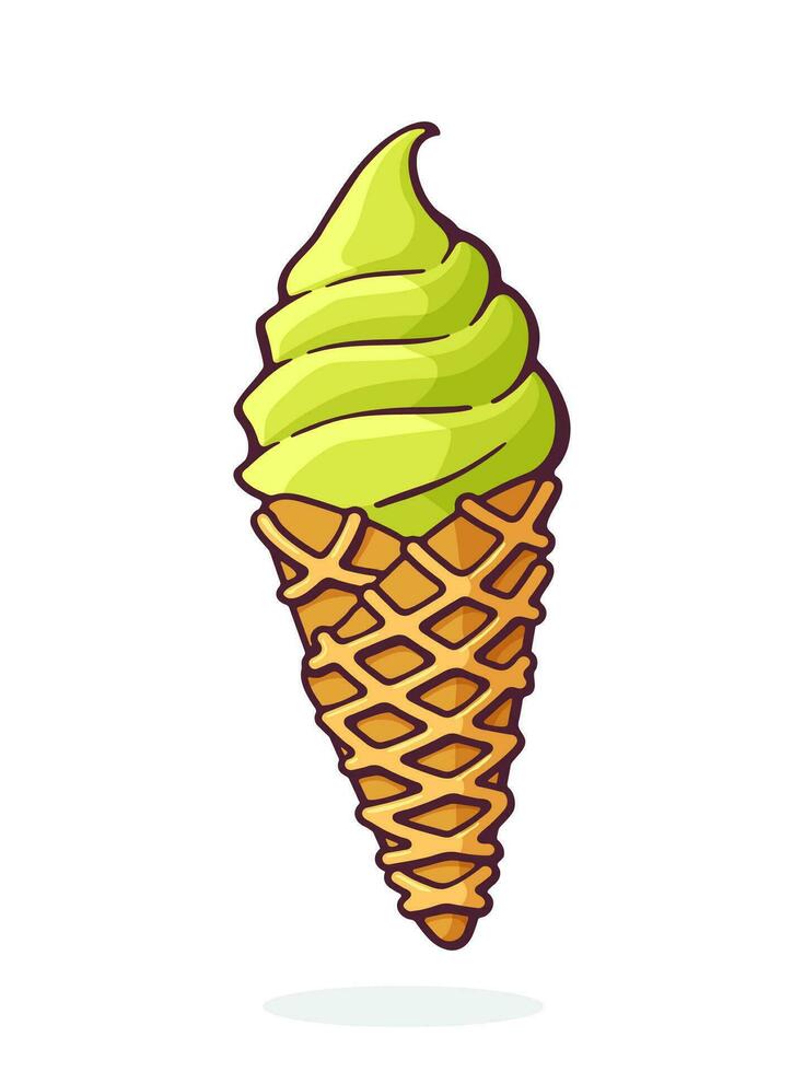 Cartoon illustration of pistachio ice cream in the waffle cone vector