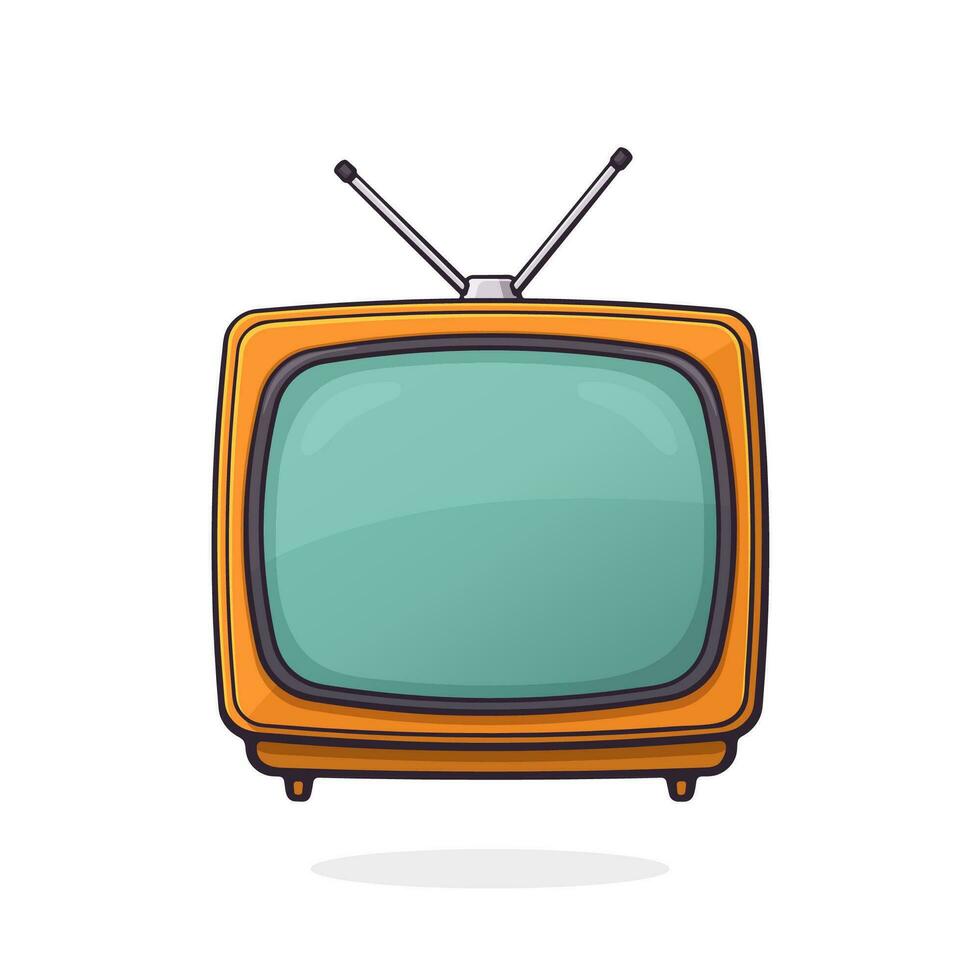 Vector illustration. Analogue retro TV with antenna and orange plastic body. Television box for news and show translation. Clip art with contour for graphic design. Isolated on white background