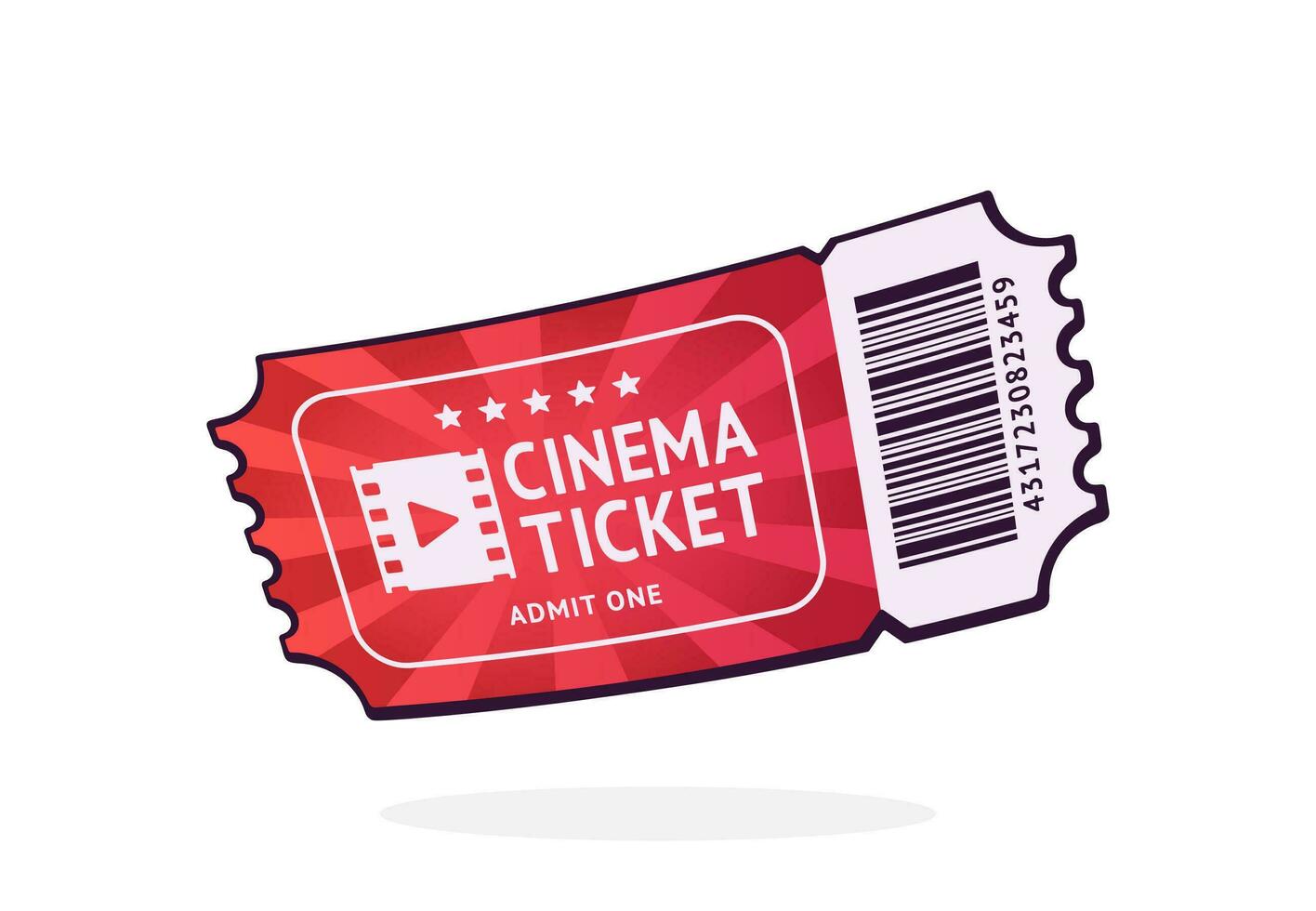 One cinema ticket with barcode. Paper retro coupon for movie entry. Symbol of the film industry. Cartoon vector illustration with outline. Clip art Isolated on white background