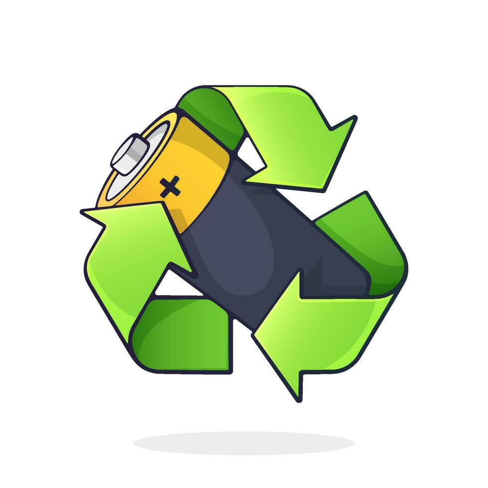 Green recycling symbol with used alkaline battery inside. Problems of waste processing, ecology and saving the Earth. Cartoon vector illustration with outline. Clip art Isolated on white background
