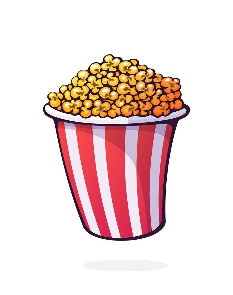 Bucket full of popcorn. Red and white striped paper cup with junk snack. Symbol of the film industry and fast food. Cartoon vector illustration with outline. Clip art Isolated on white background