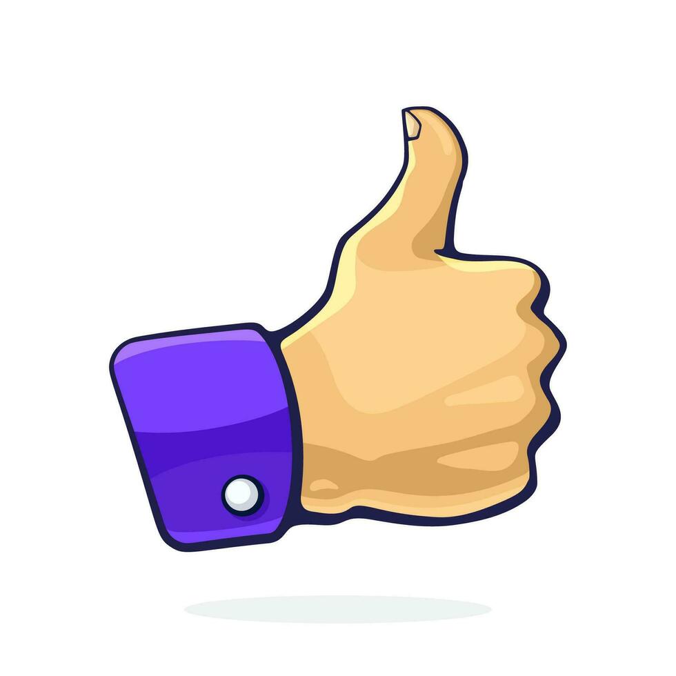 Cartoon illustration. Thumb up gesture of like. Graphic design with contour. Clip-art print of symbol of approval or encouragement on social networks. Isolated on white background vector