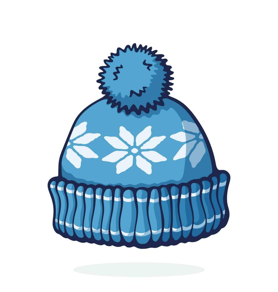 Cartoon illustration. Wool winter hat with pompon. Headdress for cold weather. Graphic design with contour. Clip-art print for packaging, showcase, greeting card. Isolated on white background vector