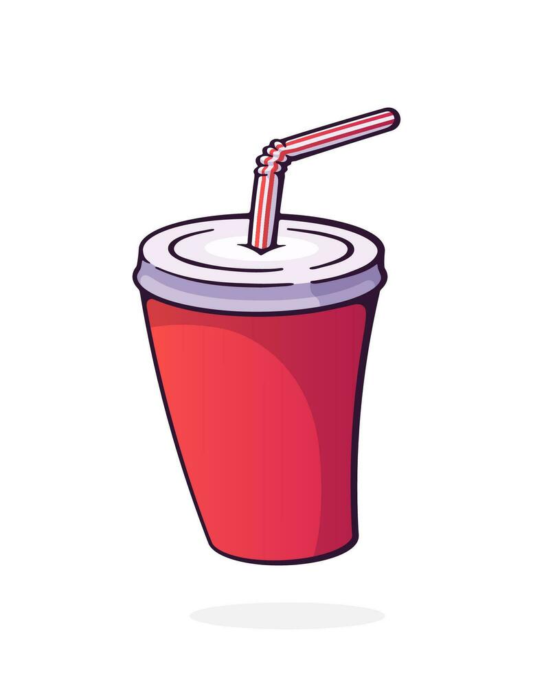 Disposable paper cup with soda and straw. Glass with carbonated cold drink. Film industry and fast food symbol. Cartoon vector illustration with outline. Clip art Isolated on white background