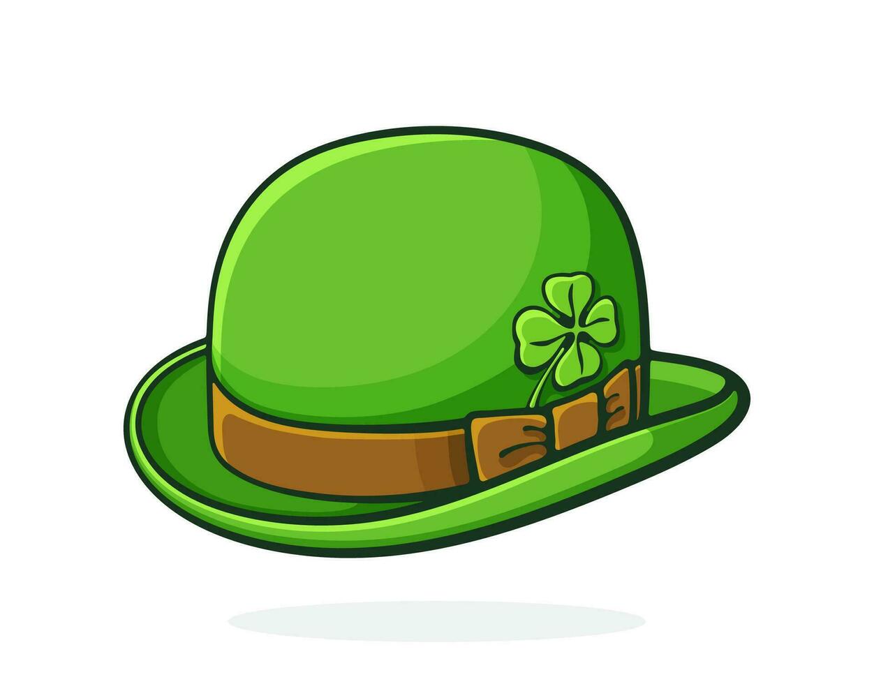 Cartoon illustration. Isometric view of green retro bowler hat with clover. Saint Patrick's Day symbol. Print for showcase, greeting card. Graphic design with contour. Isolated on white background vector