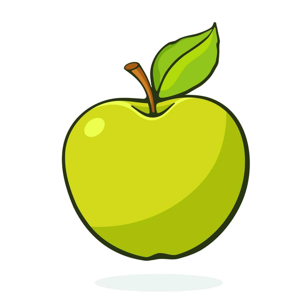 Cartoon illustration of green apple with stem and leaf. Healthy vegetarian food vector