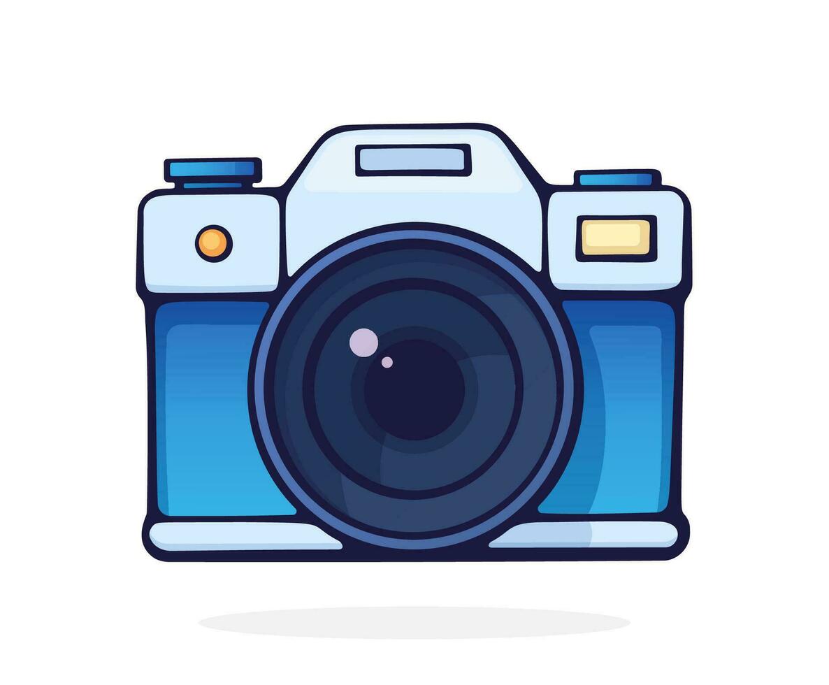 Cartoon illustration of film retro photo camera. Modern digital device with lens in vintage style vector