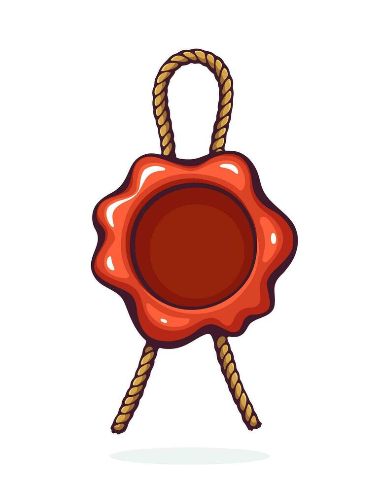 Cartoon illustration. Vintage red wax seal with jute rope. Security stamp with twine for retro mail. Symbol of secret message. Graphic design with contour. Isolated on white background vector