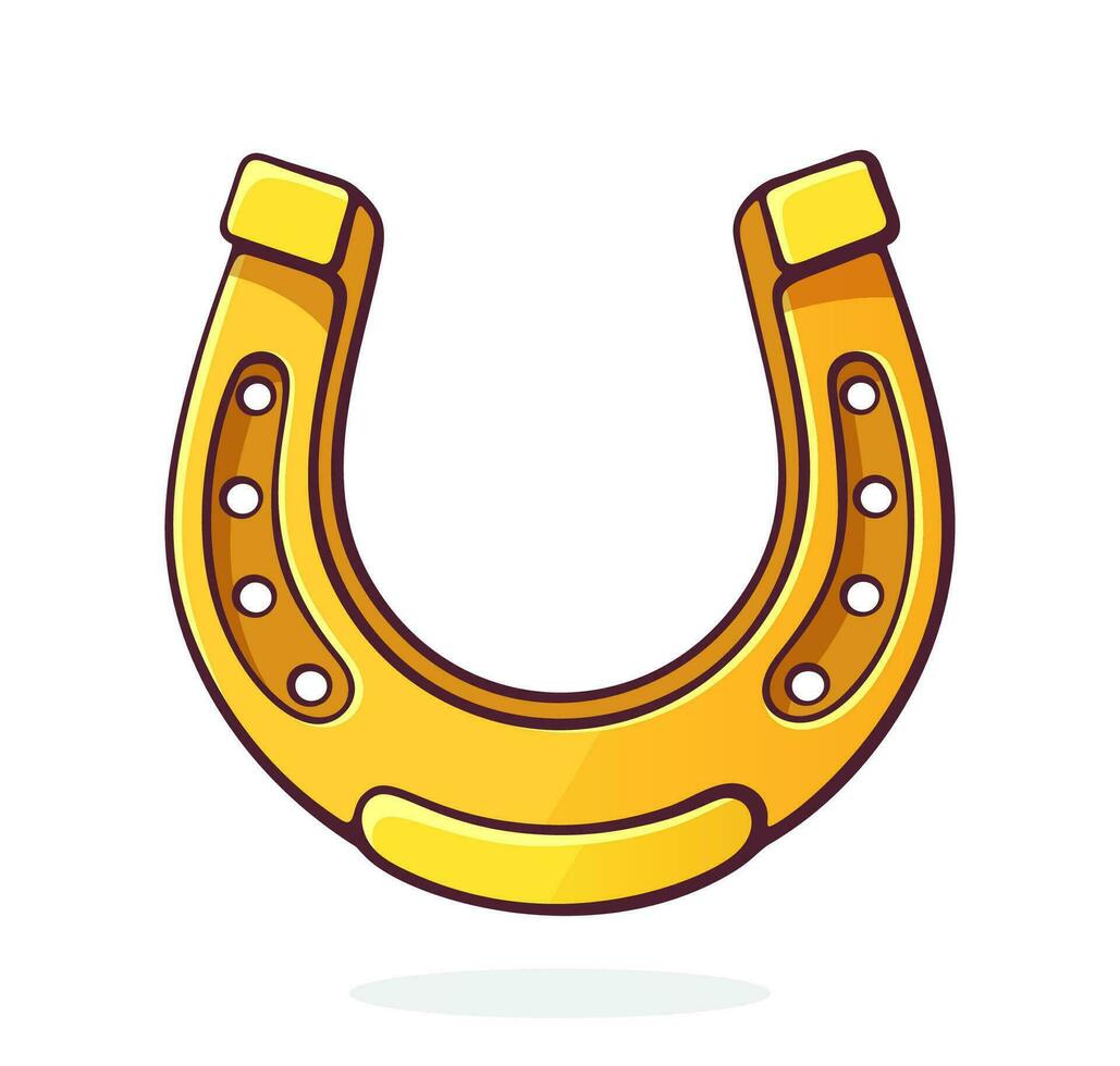 Cartoon illustration. Golden horseshoe for good luck. Symbol of fortune and happiness. Graphic design with contour. Clip-art print for signboard, showcase, greeting card. Isolated on white background vector