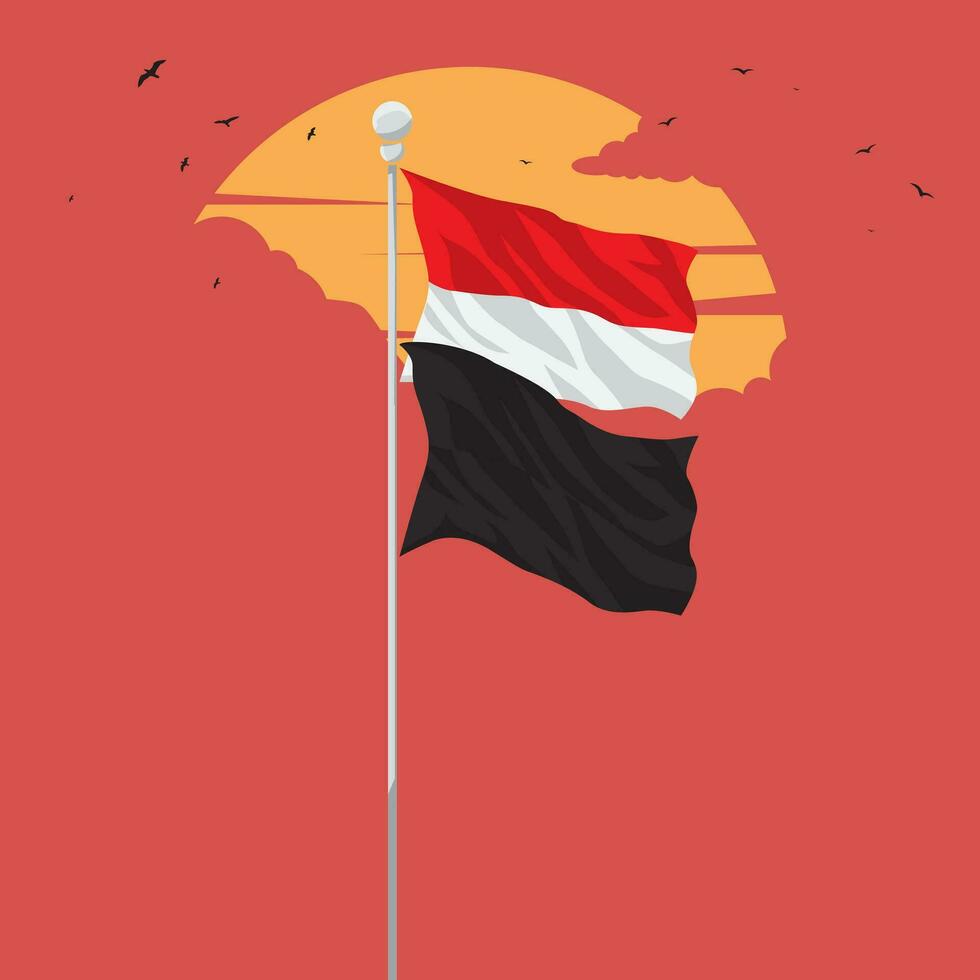 Indonesian flag and black flag on one pole with sunset background vector