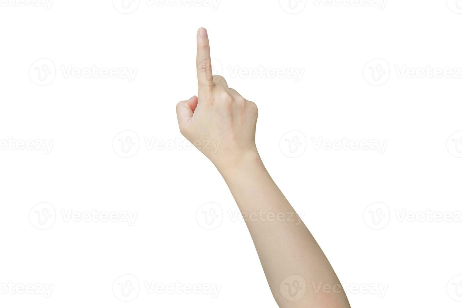 female hand touching or pointing to something isolated on white background photo