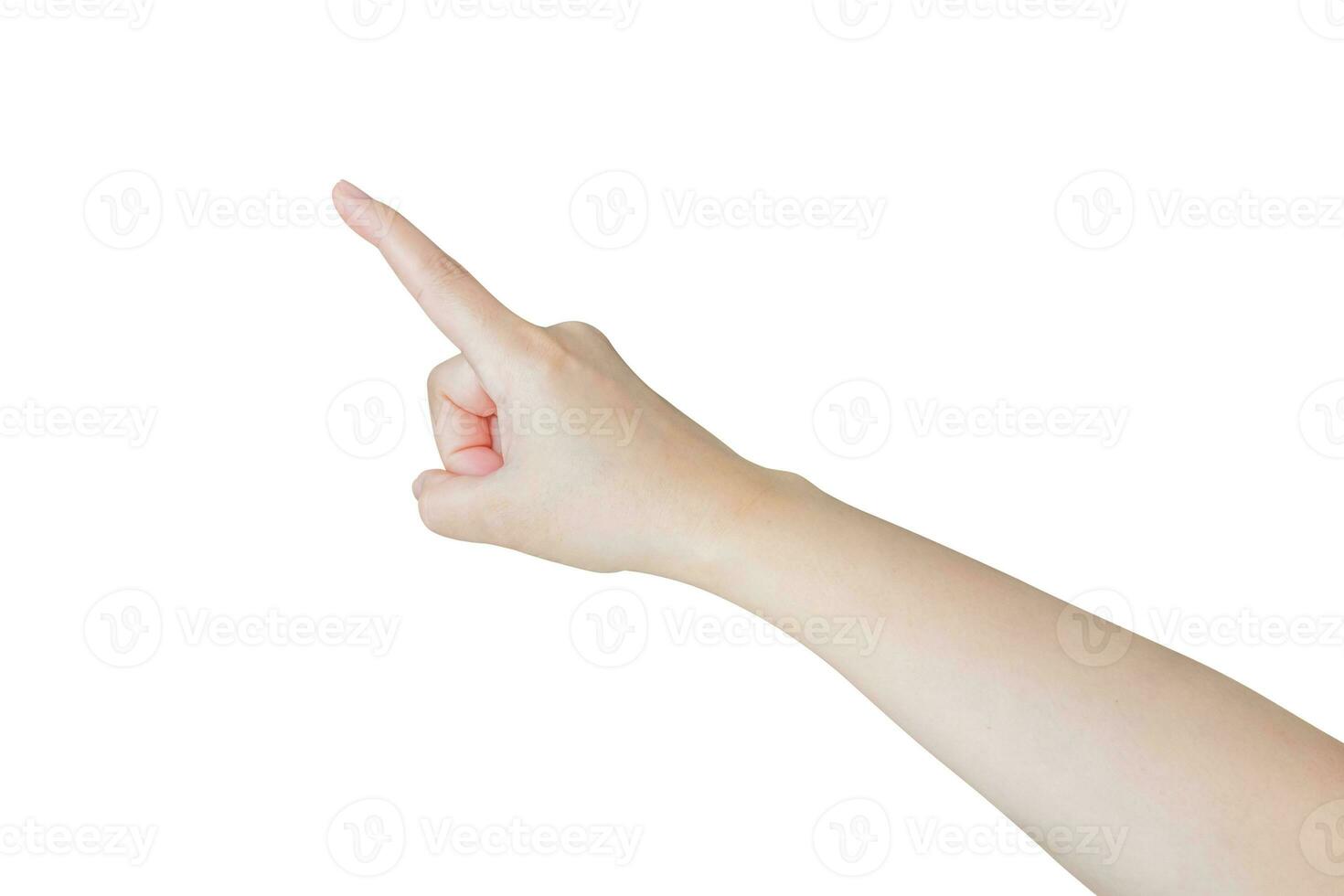 female hand touching or pointing to something isolated on white background photo