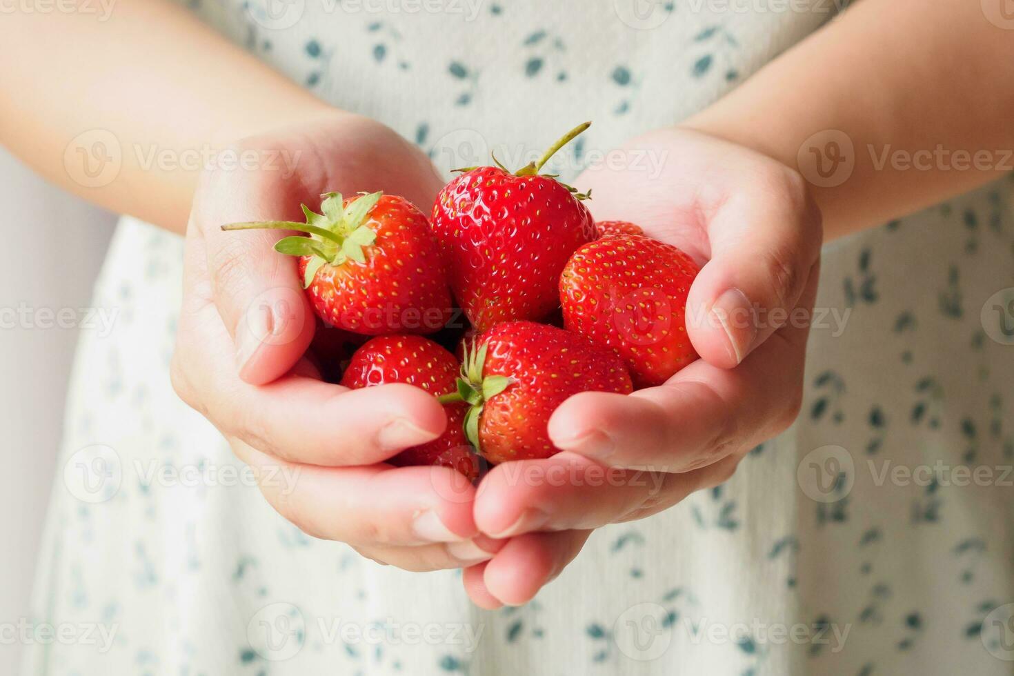 mujer manos participación Fresco rojo fresas cerca arriba foto