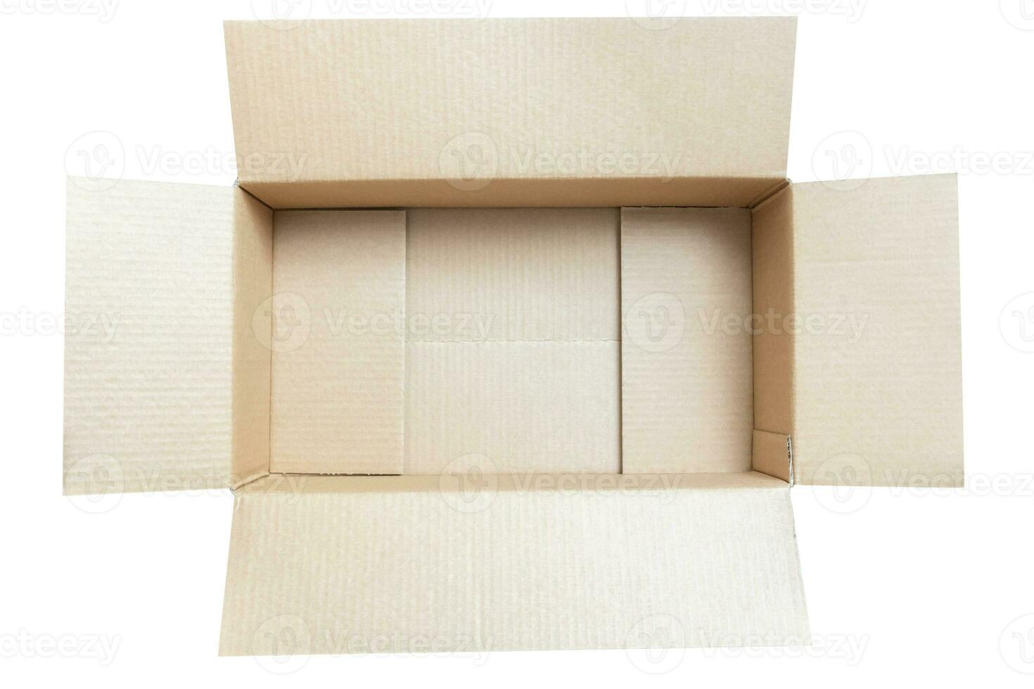 Open empty brown cardboard box isolated on white background top view photo