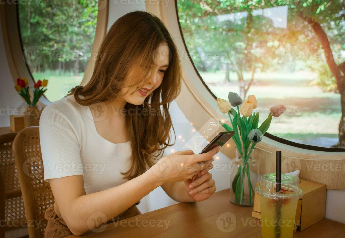 Beautiful woman using smartphone. smiling in satisfaction give five star symbol to increase rating of product - service concept, Customer service experience - business satisfaction survey. photo