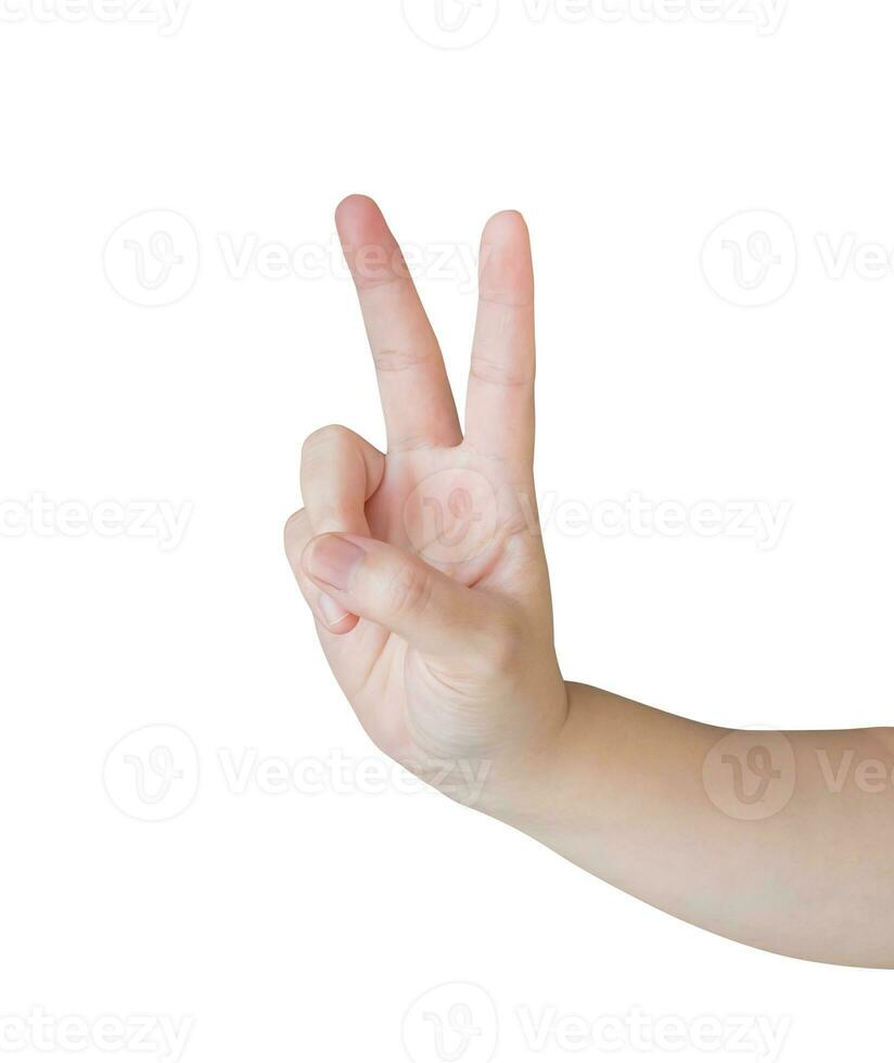 Woman hand gesture show number two sign isolated on white background photo