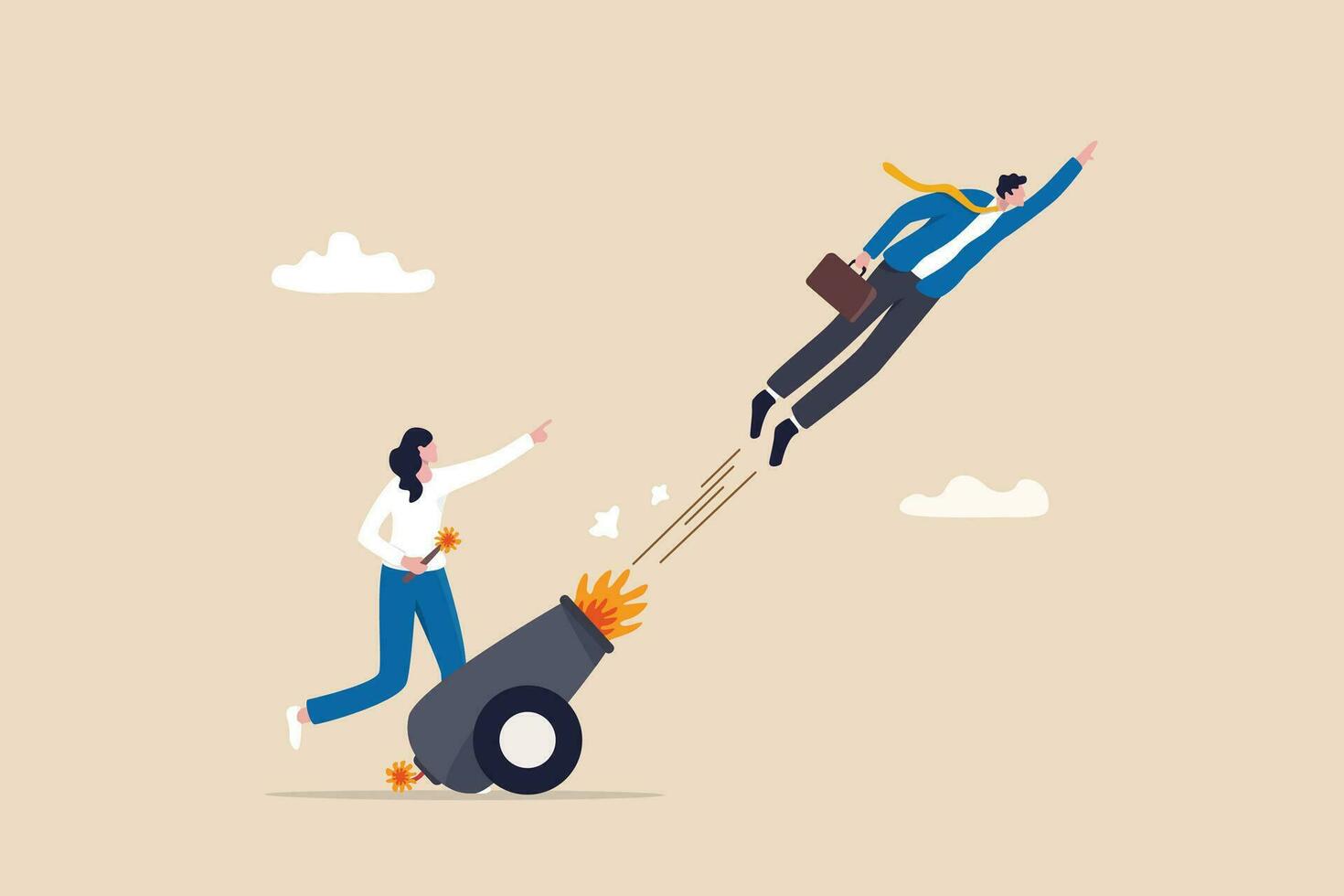 Coaching help boost career advancement, mentor or motivation to boost productivity, help or manager support for career development, entrepreneur launch, woman ignite cannon to launch businessman. vector