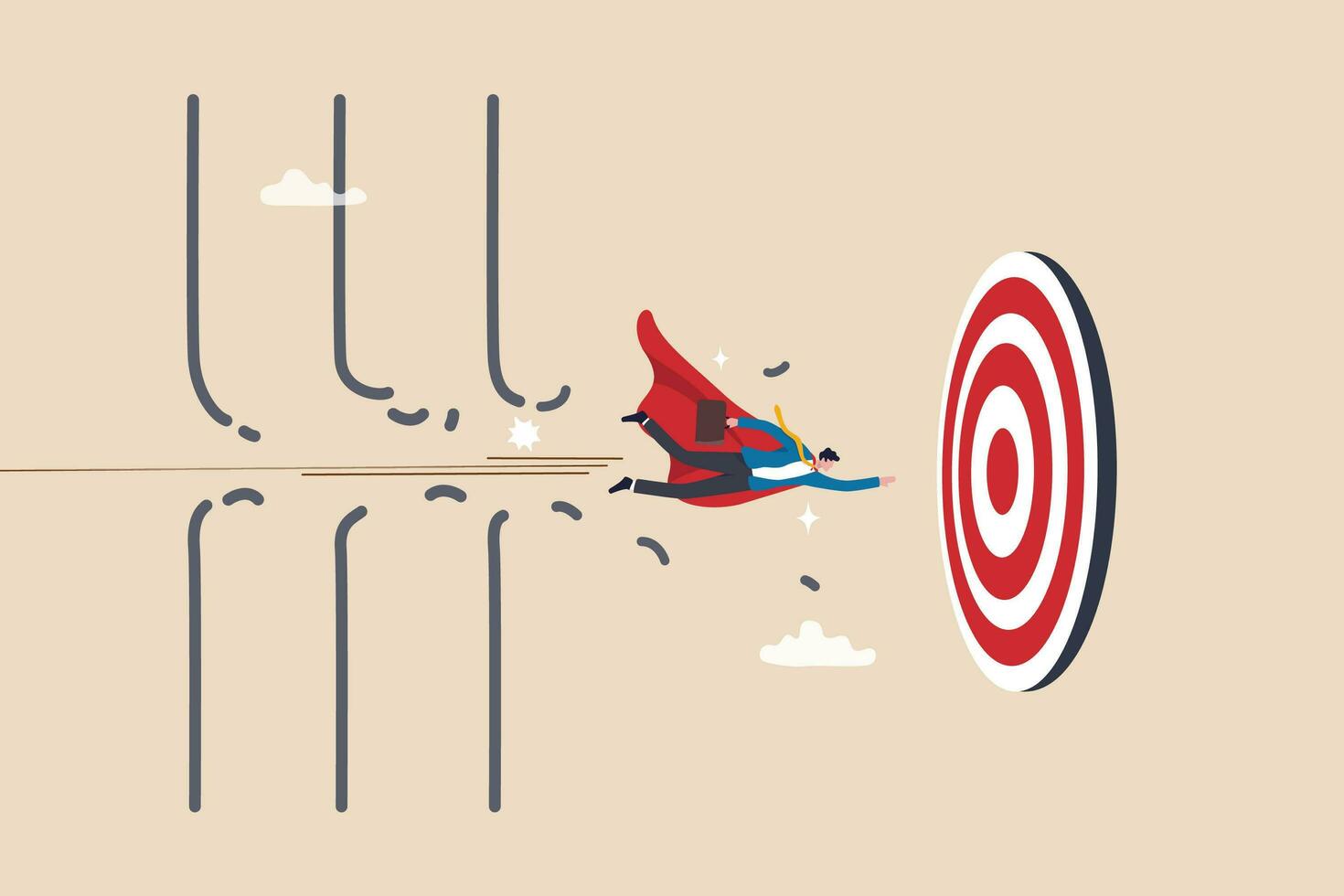 Overcome difficulty or challenge to success, obstacle or problem to solve and achieve target, determination or breakthrough barrier concept, businessman superhero fly through obstacle to reach target. vector