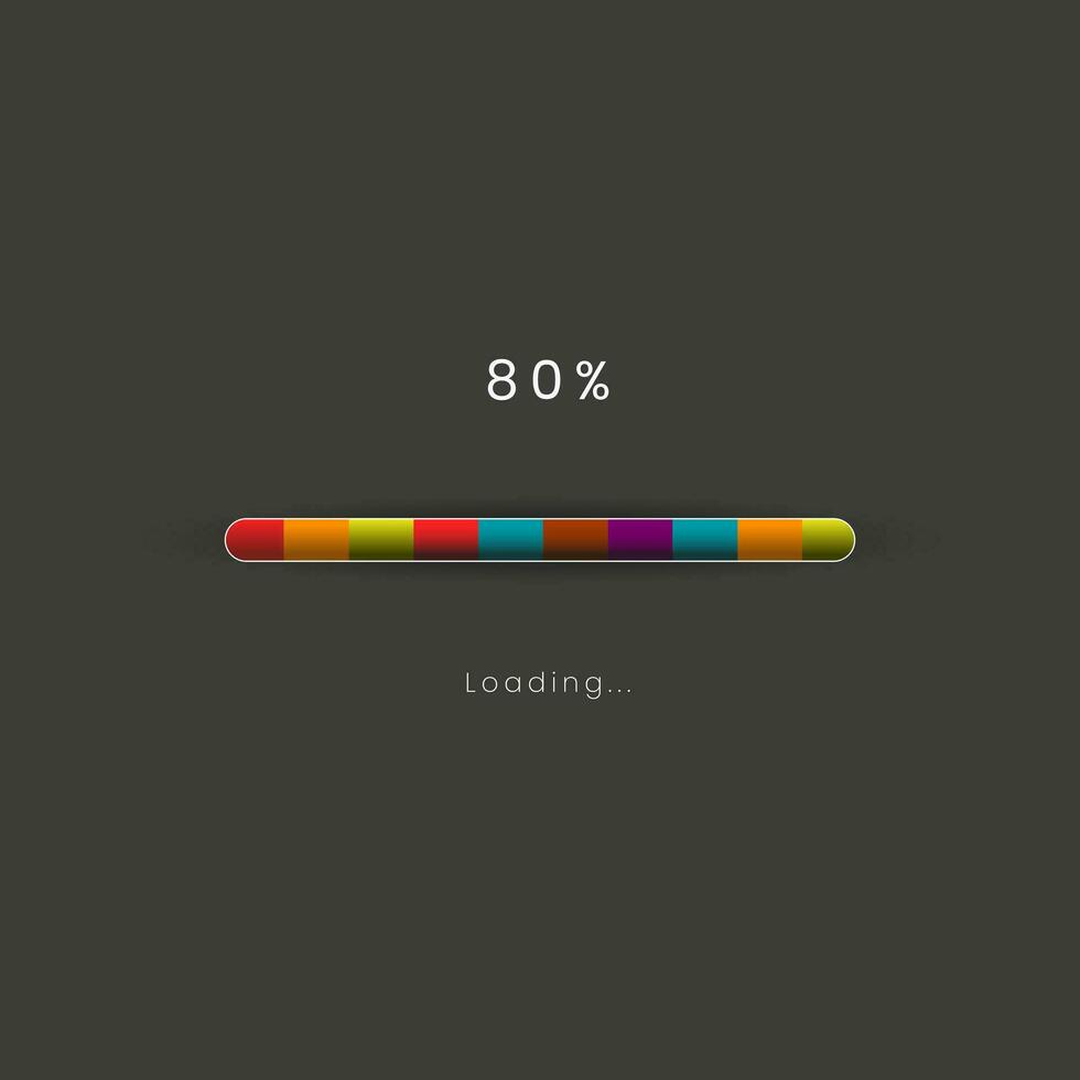 Rainbow loading bar in progress symbol, icon, banner. rainbow 80 pecent loading sign vector illustration on dark background. Used for updating and upgrade concept