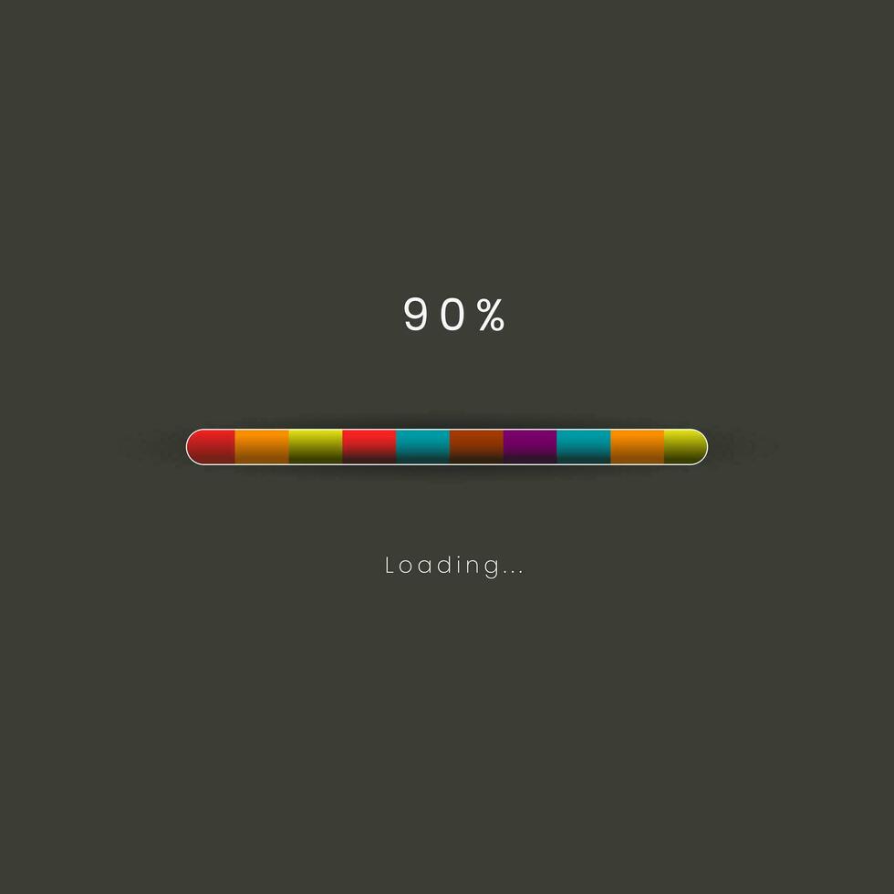 Rainbow loading bar in progress symbol, icon, banner. rainbow 90 pecent loading sign vector illustration on dark background. Used for updating and upgrade concept