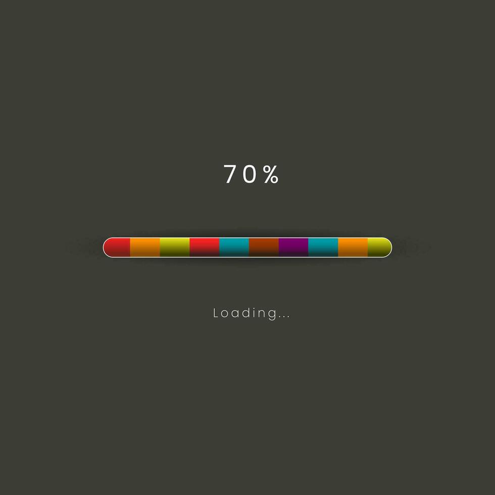 Rainbow loading bar in progress symbol, icon, banner. rainbow 70 pecent loading sign vector illustration on dark background. Used for updating and upgrade concept