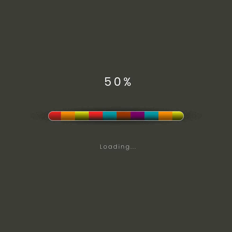 Rainbow loading bar in progress symbol, icon, banner. rainbow 50 pecent loading sign vector illustration on dark background. Used for updating and upgrade concept