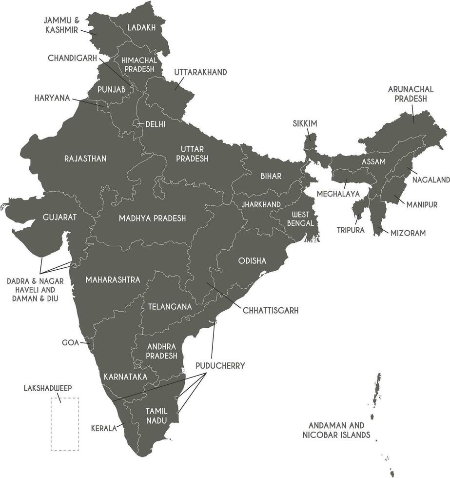 Vector map of India with states and territories and administrative divisions. Editable and clearly labeled layers.