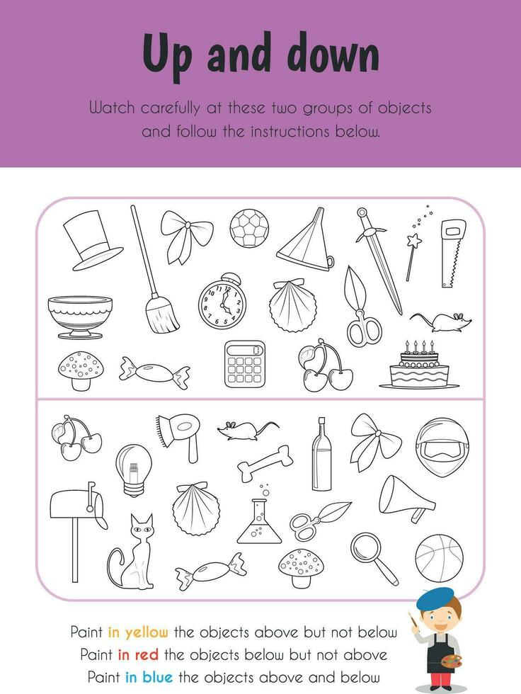 Up and down Educational Sheet. Primary module for Attention and Perception. 5-6 years old. Educational Sheets Series vector