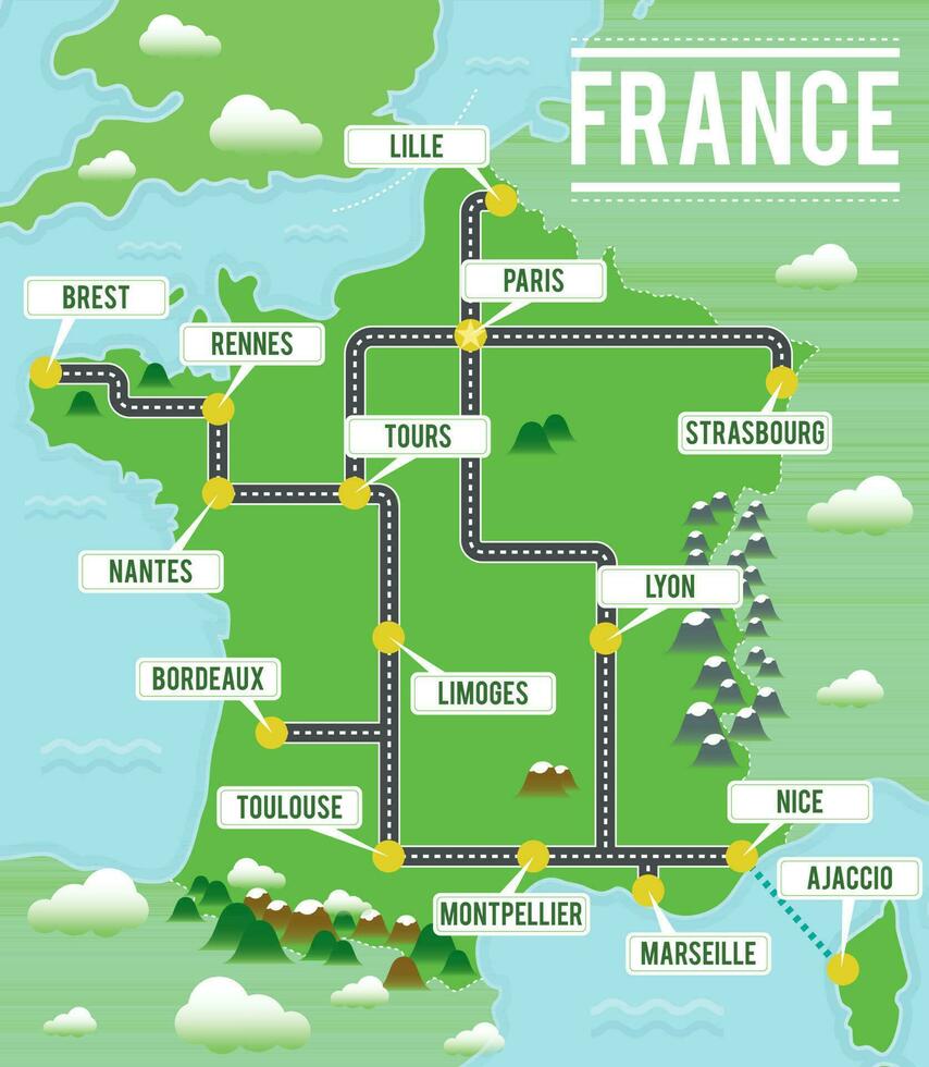 Cartoon vector map of France. Travel illustration with french main cities.