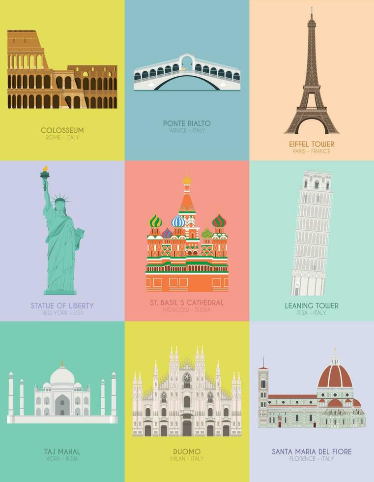 Modern design poster with colorful background of nine important monuments of the world Vector illustration