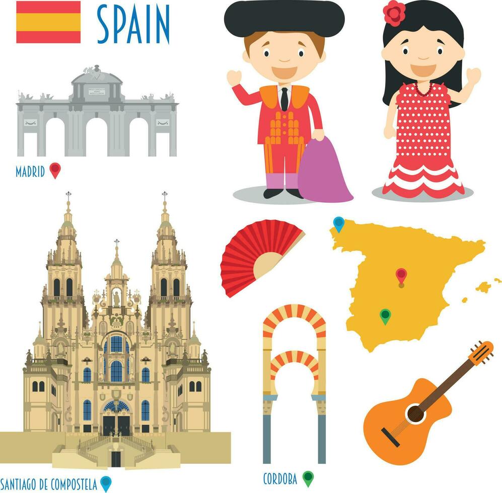 Spain Flat Icon Set Travel and tourism concept. Vector illustration