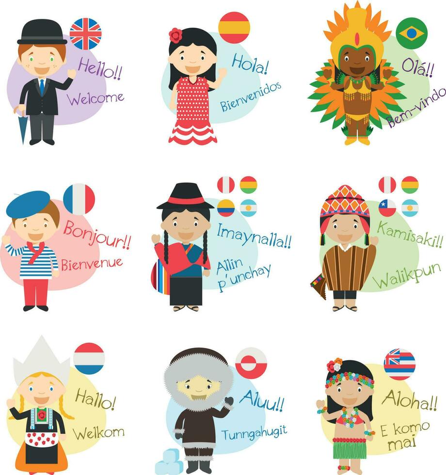 Vector illustration set of cartoon characters saying hello and welcom in 9 languages spoken in America