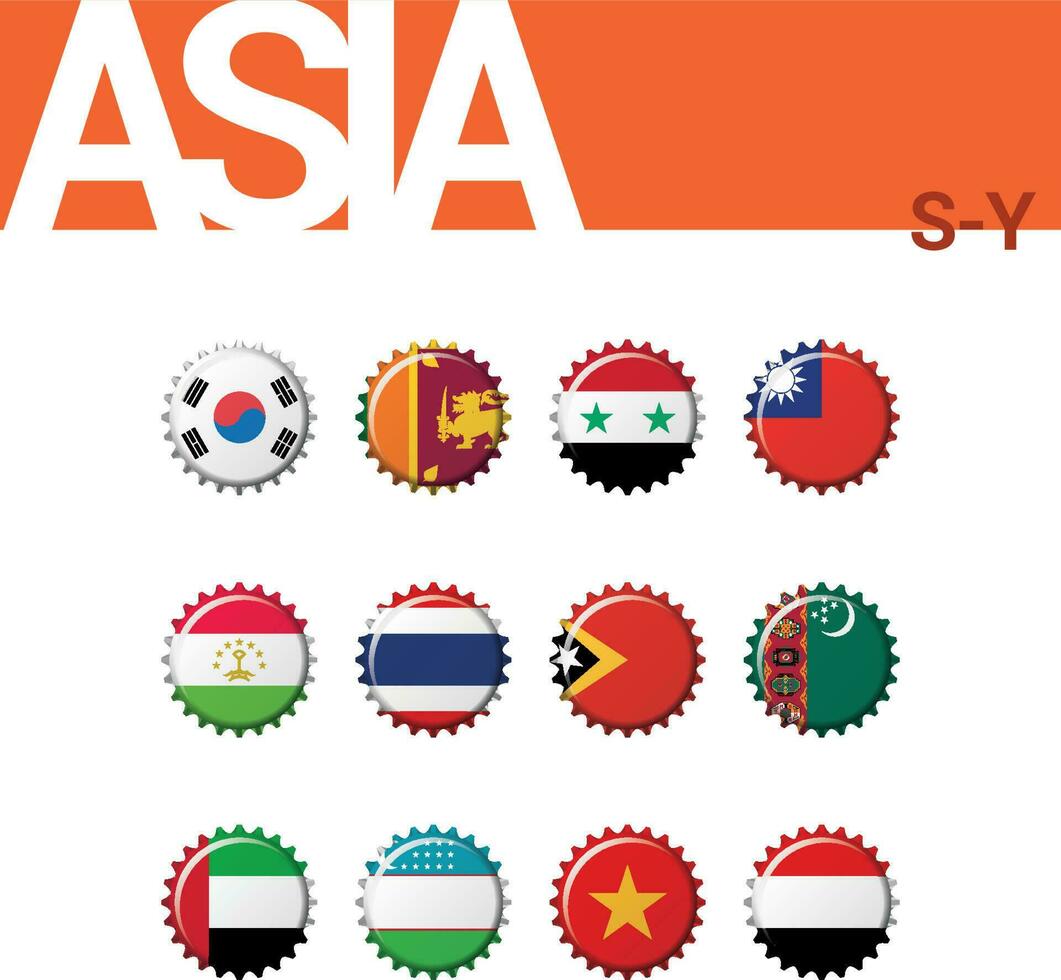 Set of 12 bottlecap flags of Asia. Set 4 of 4. Vector Illustration. S. Korea, Sri Lanka, Syria, Taiwan, Tajikistan, Thailand, Timor Leste, Turkmenistan, U. Arab Emirates, Uzbekistan, Vietnam, Yemen.