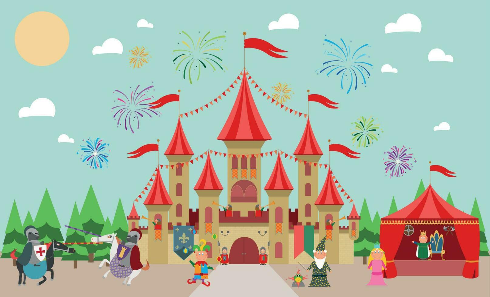 Medieval Castle with characters and fireworks. King, princess, magician, knights and jester. Vector illustration.