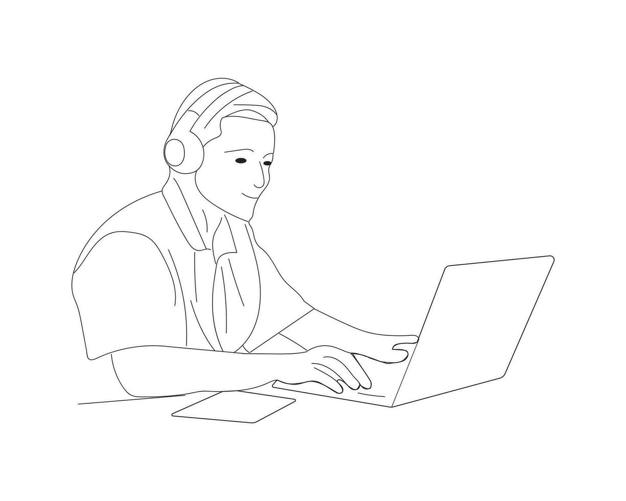 Free Businessman working with computer isolated vector illustration outline hand drawn doodle line art