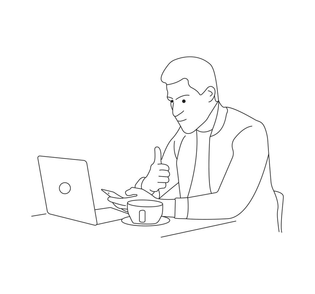 Free Line Art illustration, A man sat in front of a computer and did his work vector