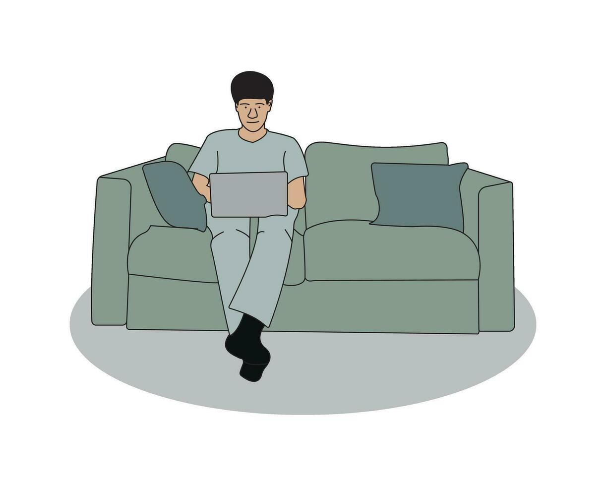 negocio hombre trabajando en un sofá utilizando ordenador portátil desde hogar plano colorante línea Arte mínimo ilustración vector