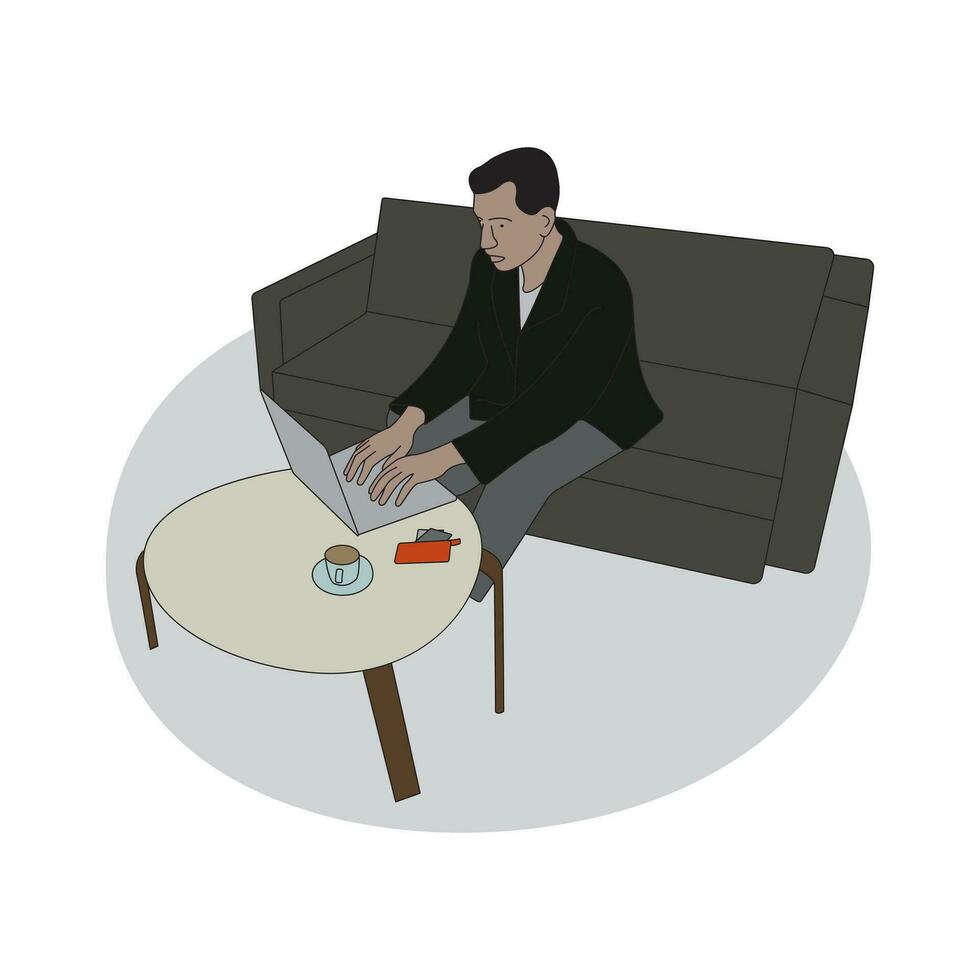 línea Arte de un hombre sentado en un sofá, trabajando en un ordenador portátil vector